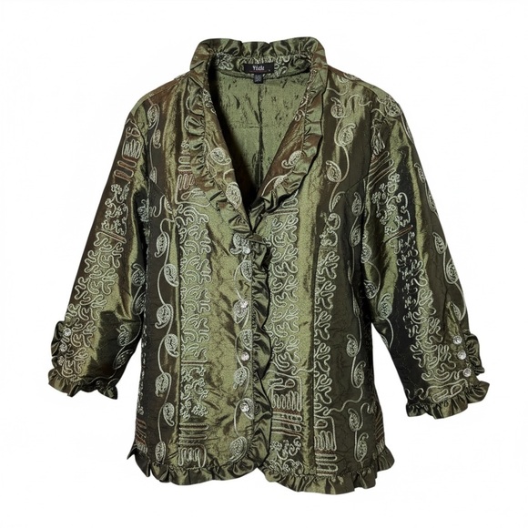 Violin Tops - Olive Green Textured Cocktail Jacket with Ruffle Trim